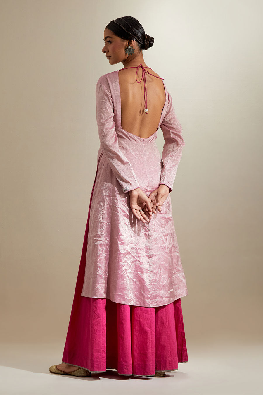 Pink Handwoven Zari Anarkali Set With Dupatta