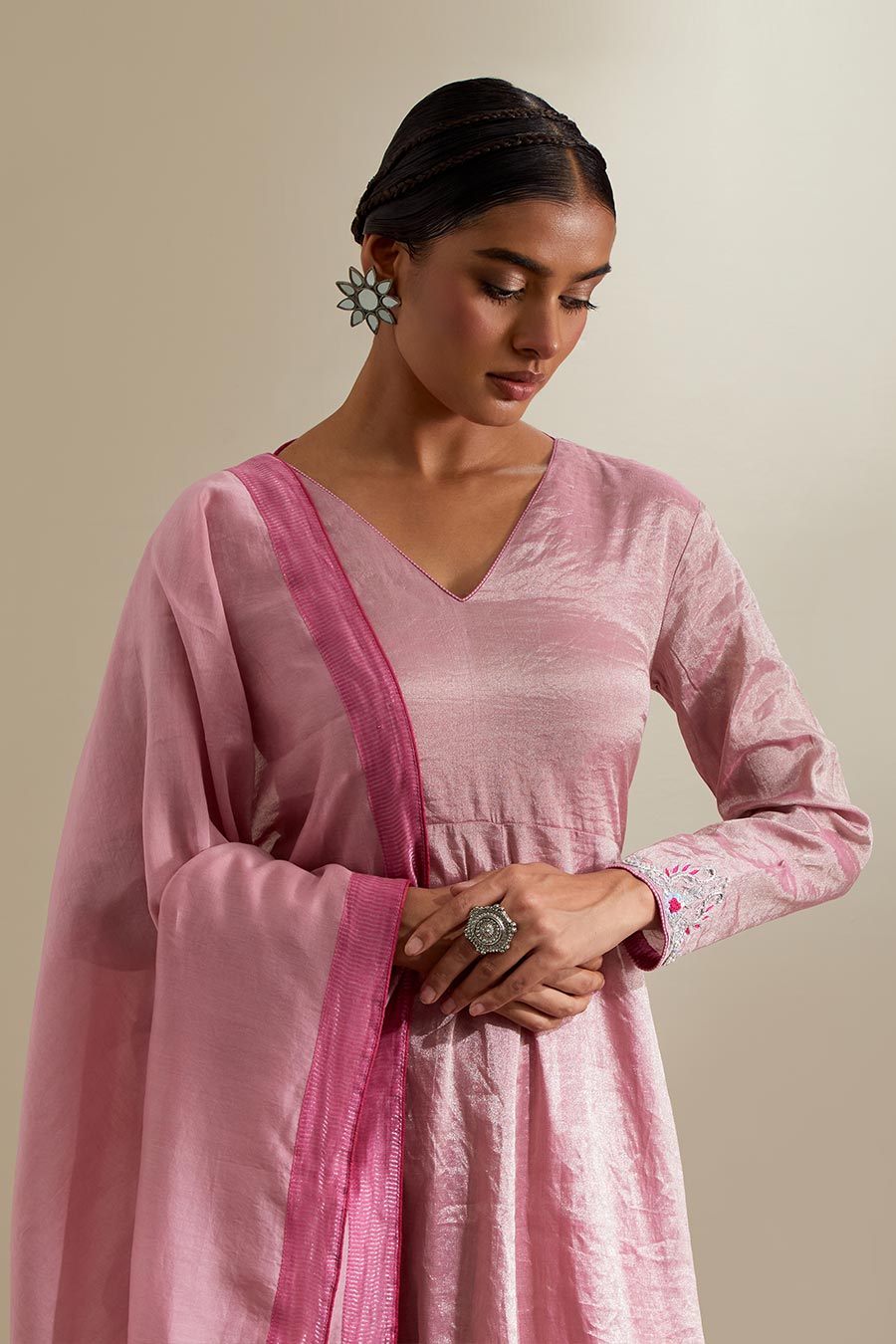 Pink Handwoven Zari Anarkali Set With Dupatta