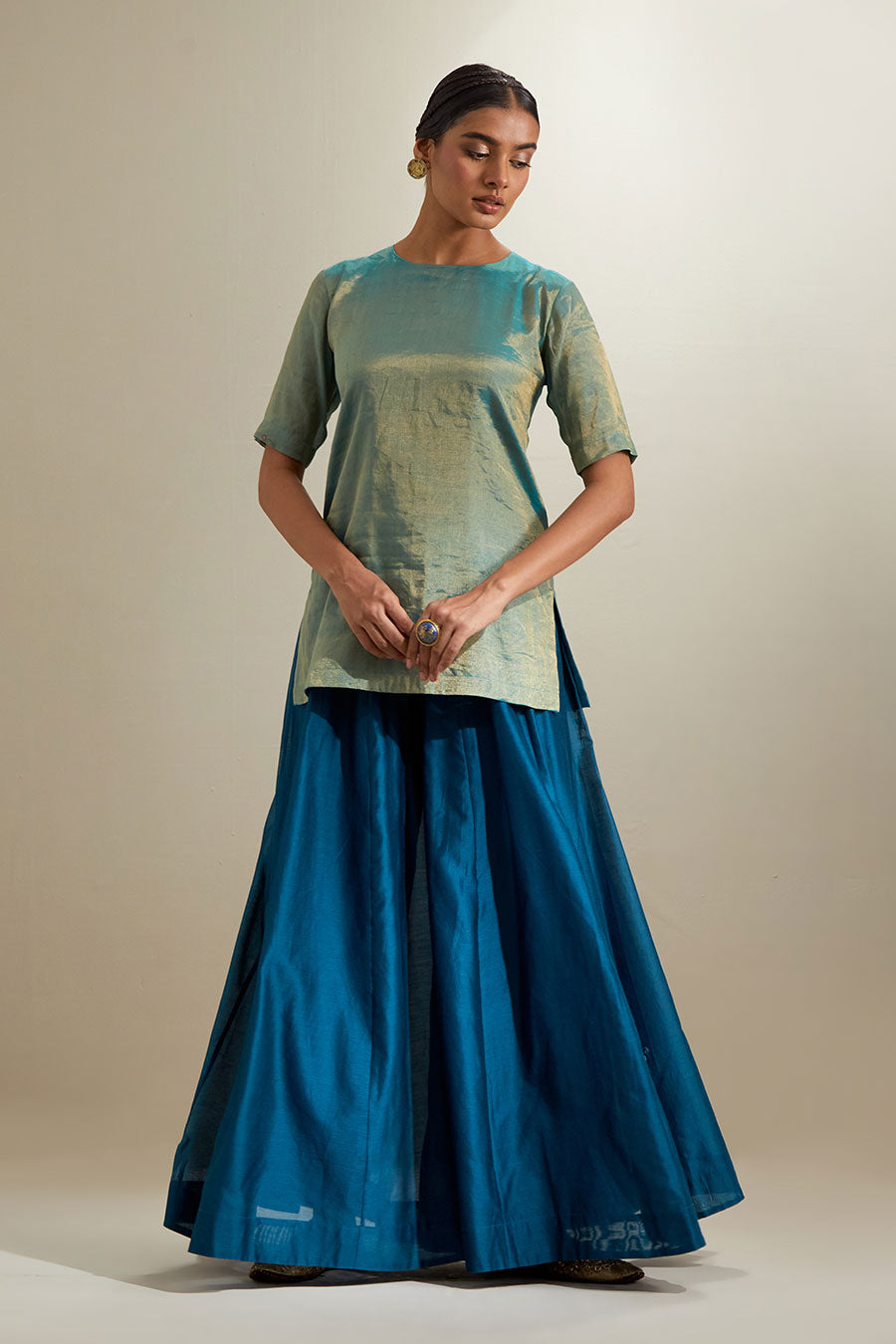Blue Zari Sharara Set With Silk Embroidered Dupatta