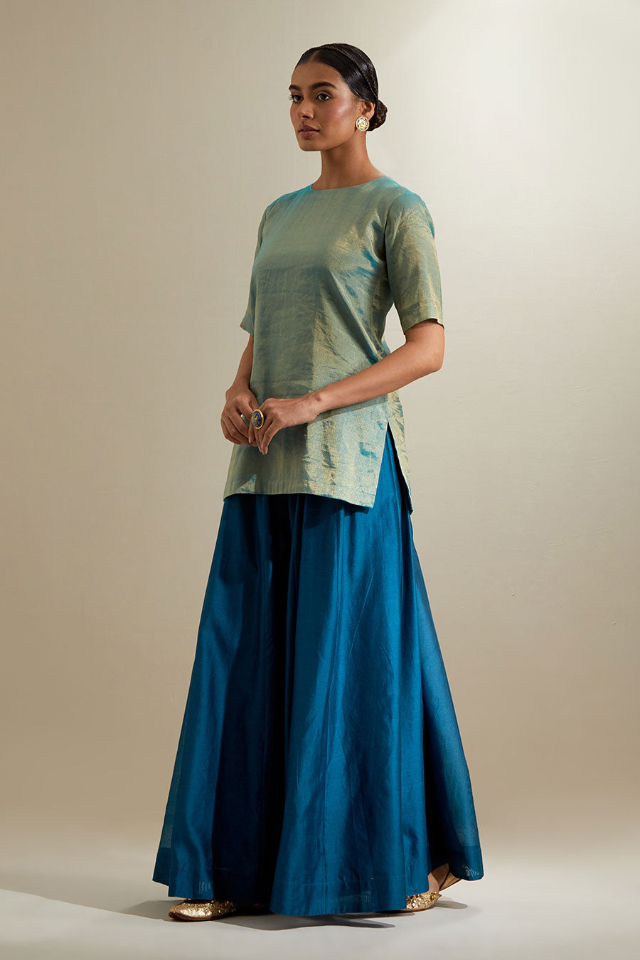 Blue Zari Sharara Set With Silk Embroidered Dupatta