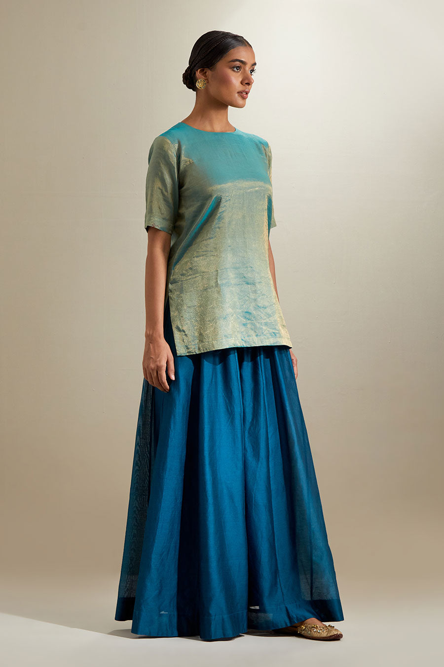 Blue Zari Sharara Set With Silk Embroidered Dupatta