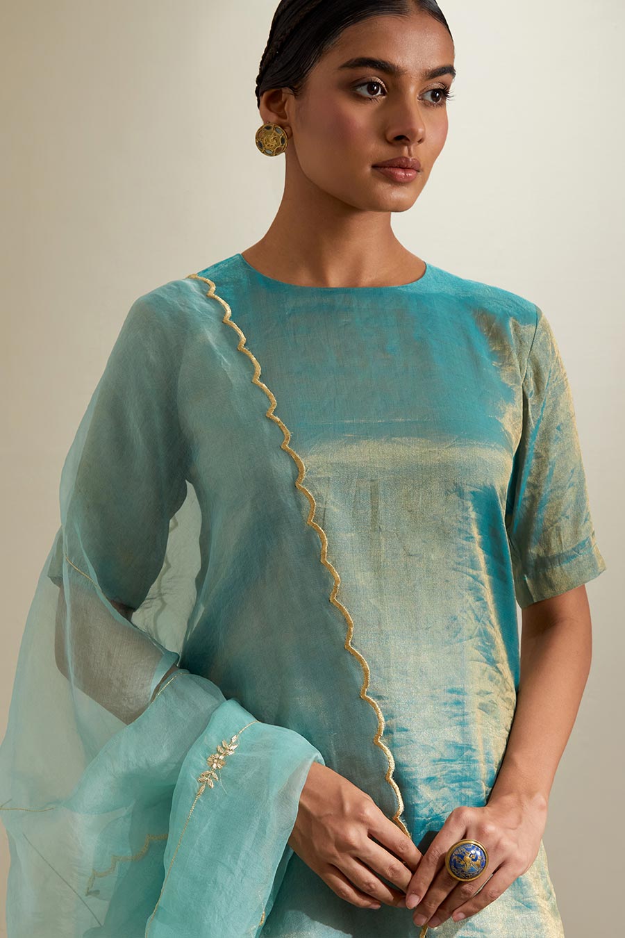 Blue Zari Sharara Set With Silk Embroidered Dupatta