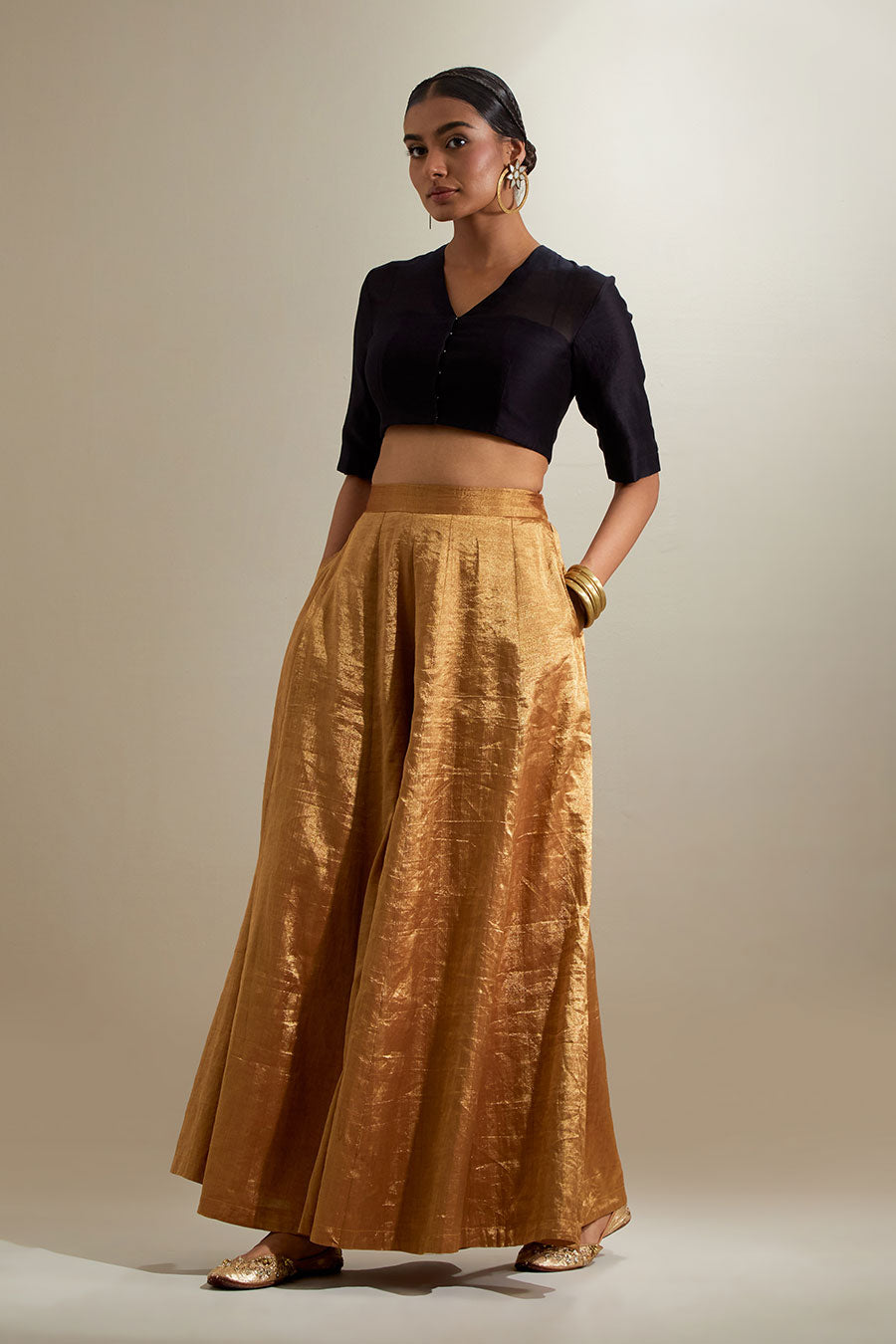 Black & Gold Zari Sharara Set With Silk Dupatta