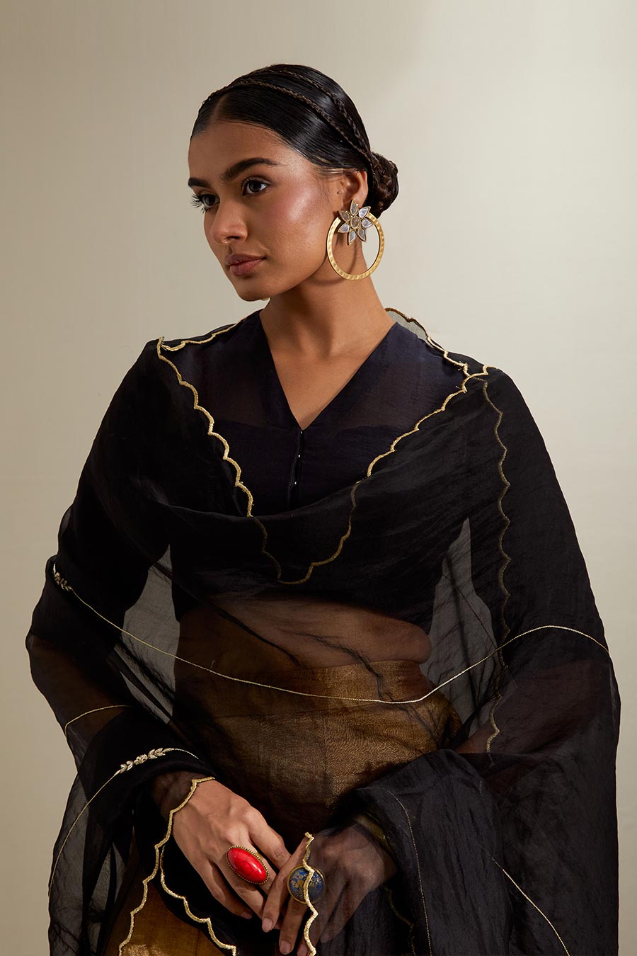 Black & Gold Zari Sharara Set With Silk Dupatta