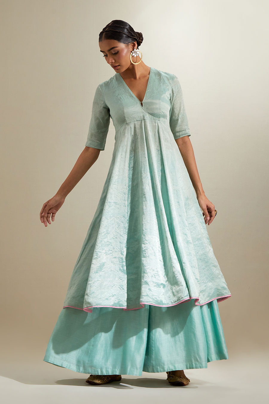 Mint Zari Anarkali With Silk Embroidered Dupatta