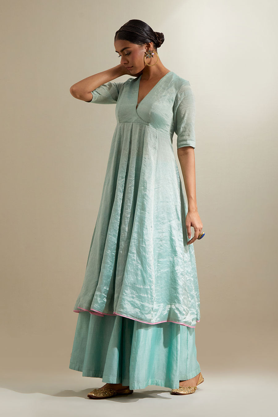 Mint Zari Anarkali With Silk Embroidered Dupatta