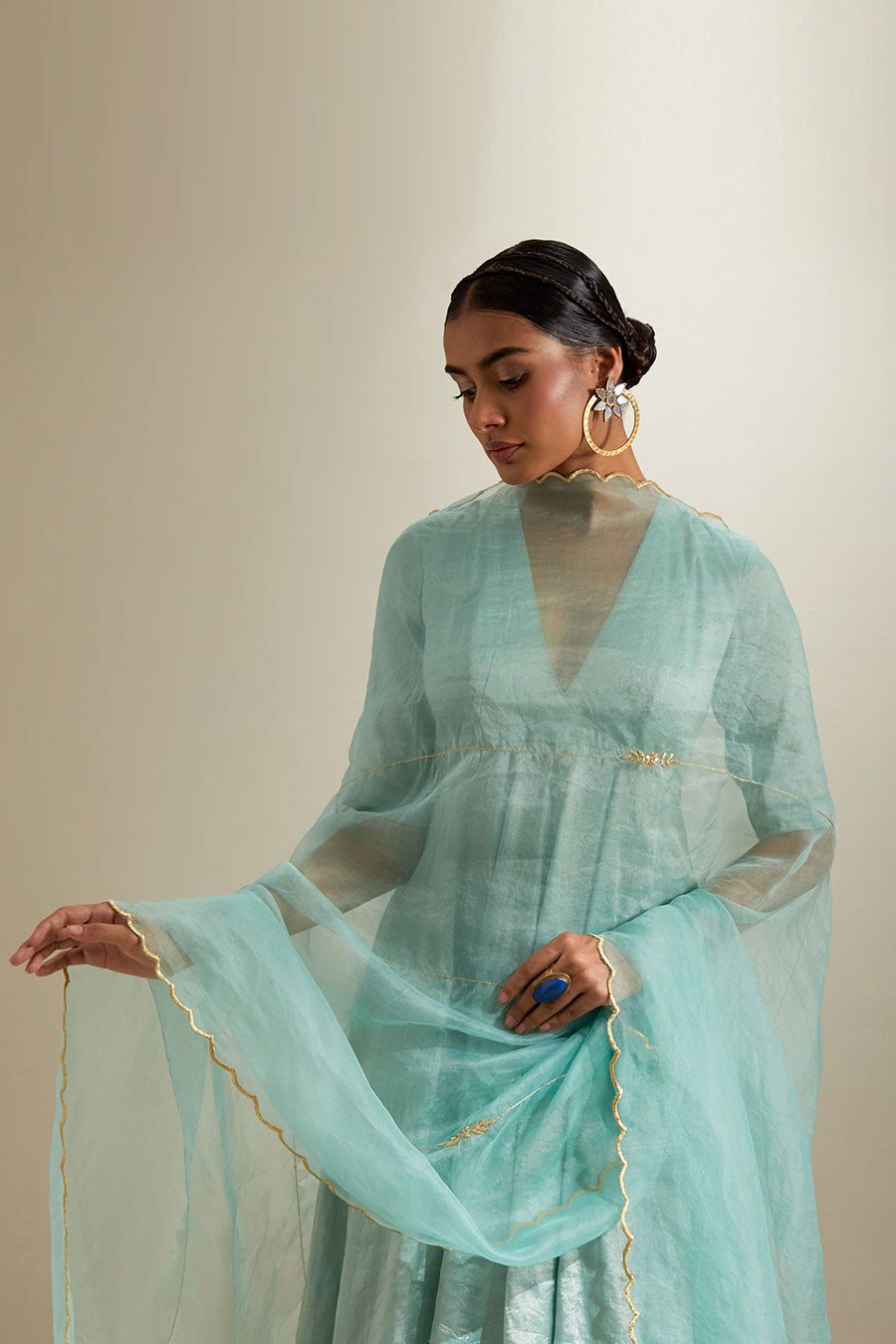 Mint Zari Anarkali With Silk Embroidered Dupatta