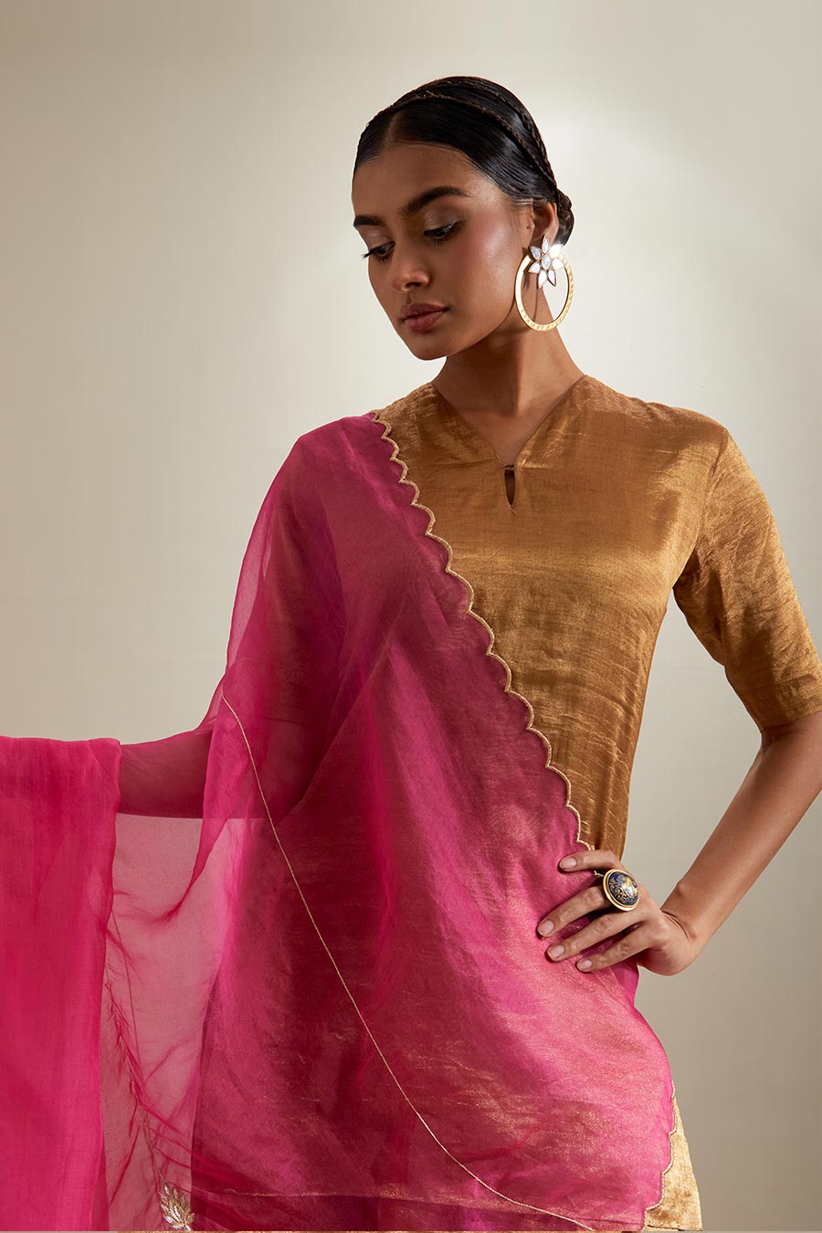Gold Zari Sharara Set With Silk Embroidered Dupatta
