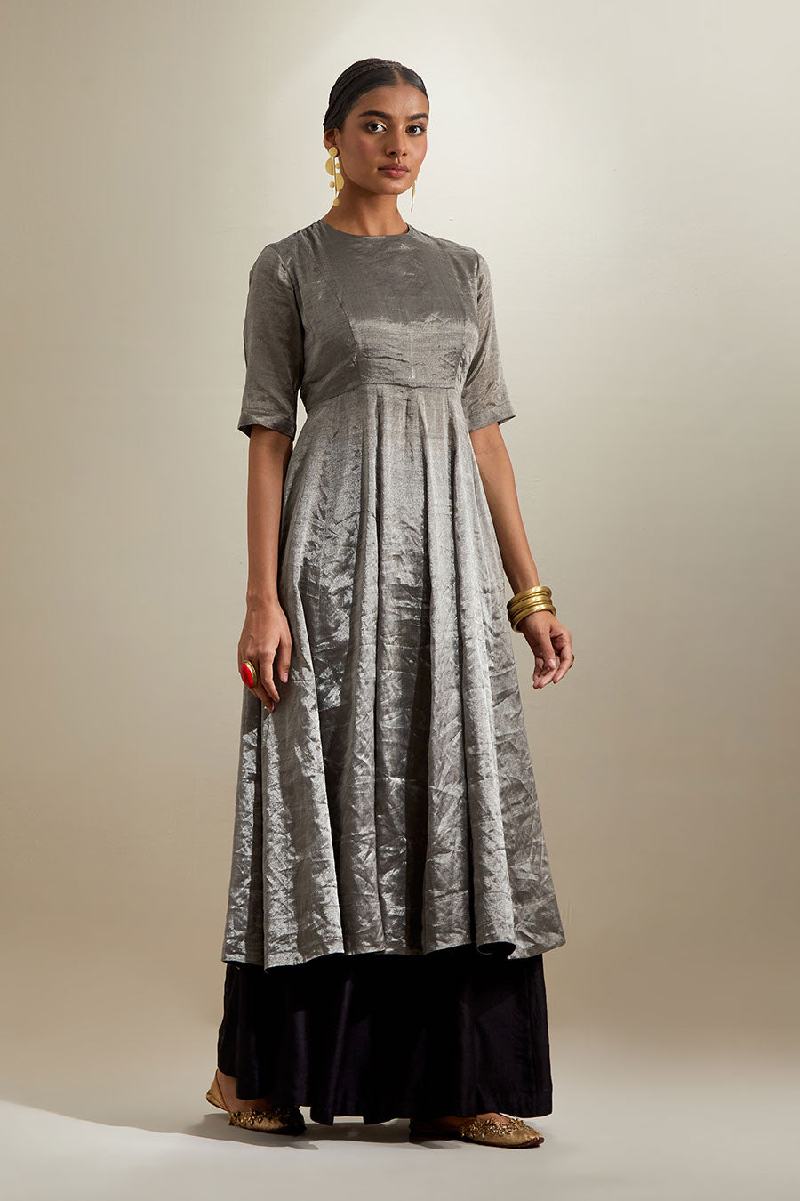Silver Black Zari Anarkali With Silk Embroidered Dupatta