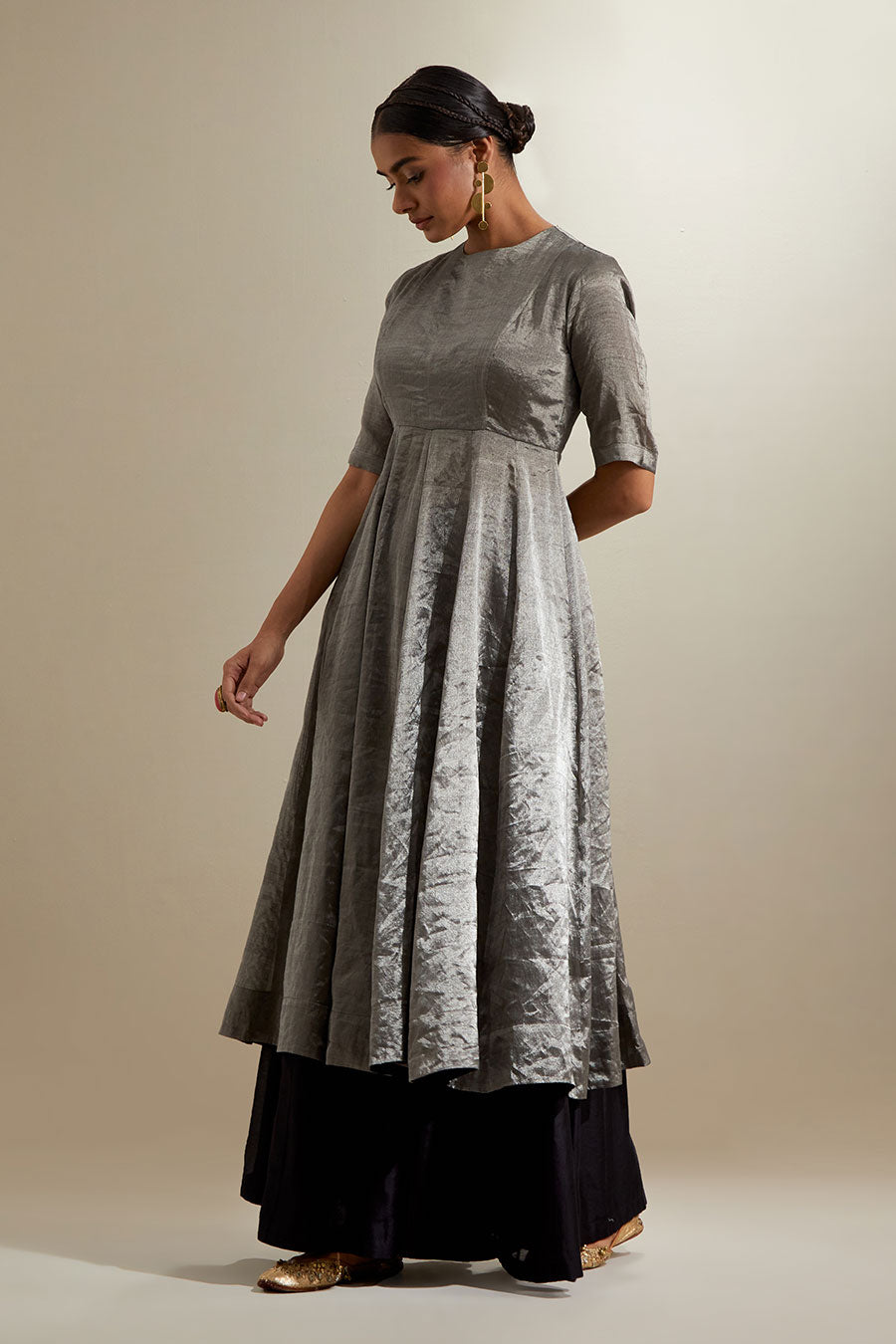 Silver Black Zari Anarkali With Silk Embroidered Dupatta