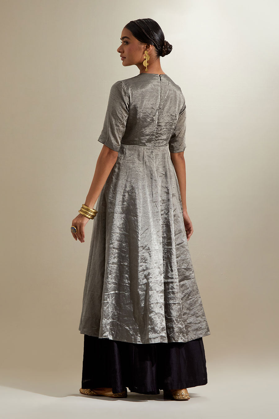 Silver Black Zari Anarkali With Silk Embroidered Dupatta