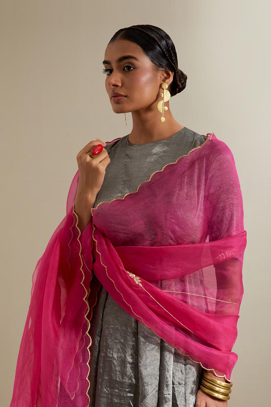 Silver Black Zari Anarkali With Silk Embroidered Dupatta