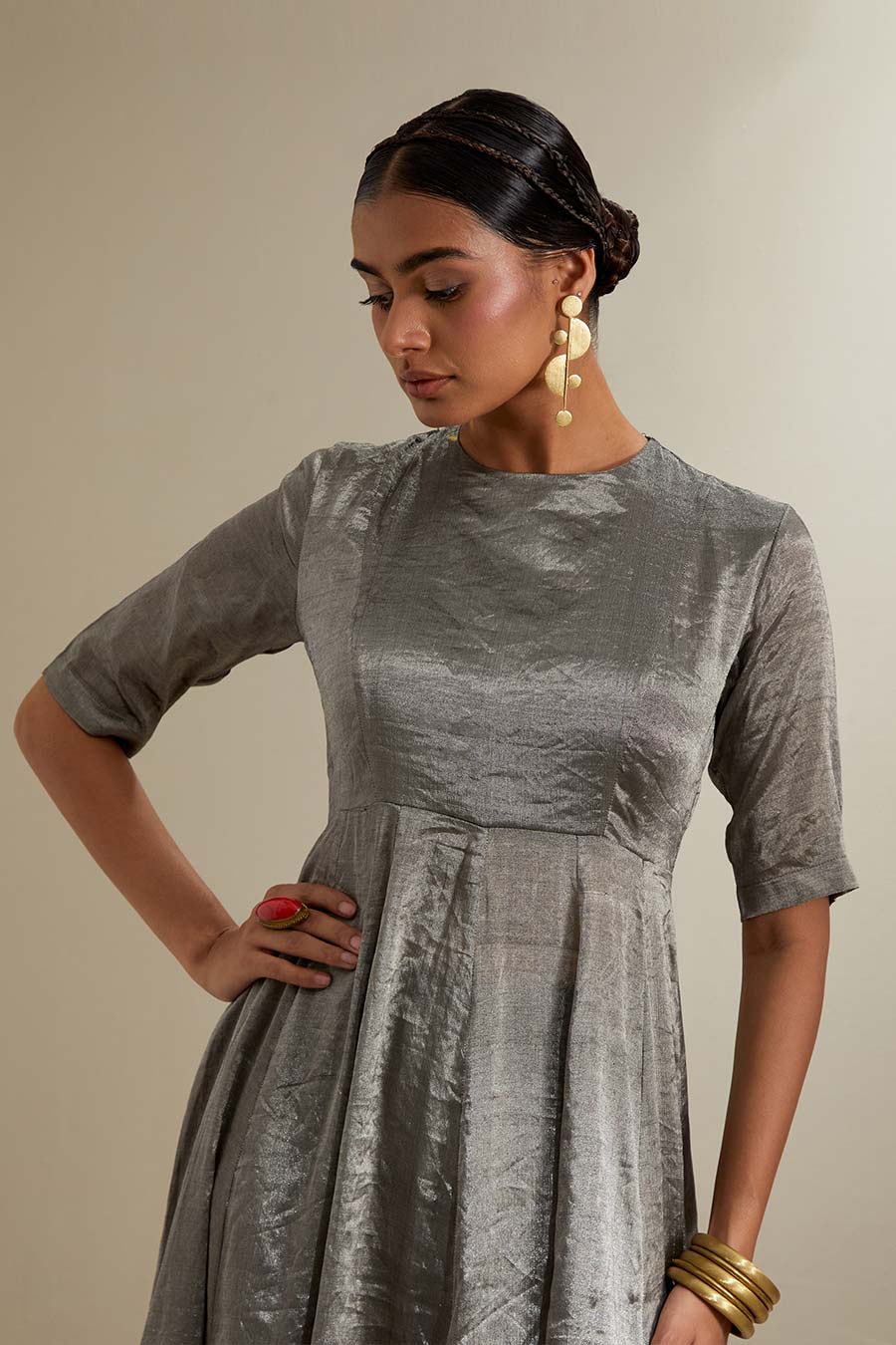 Silver Black Zari Anarkali With Silk Embroidered Dupatta