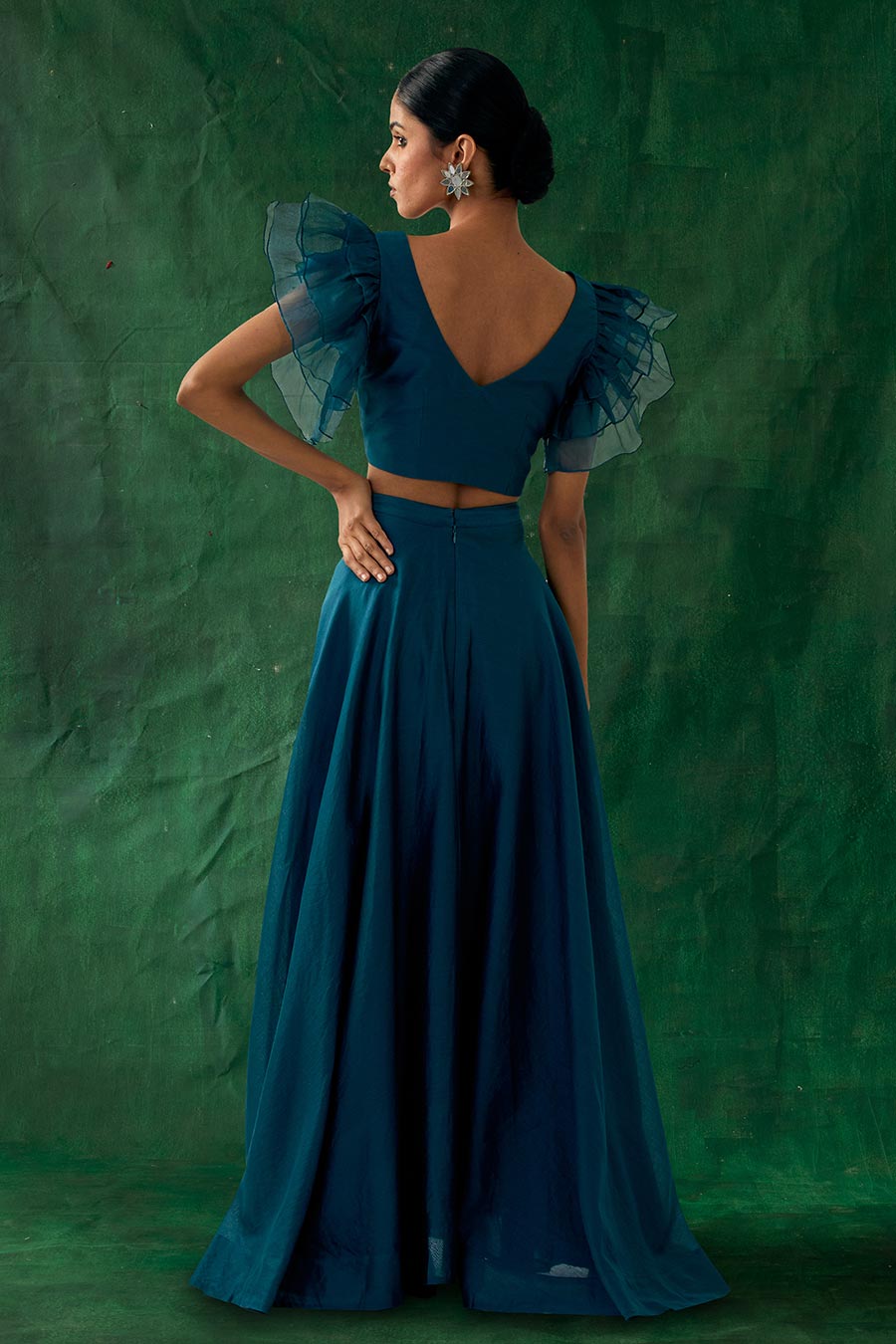 Teal Blue Chanderi Handloom Ruffle Top & Skirt Set (Set Of 2)