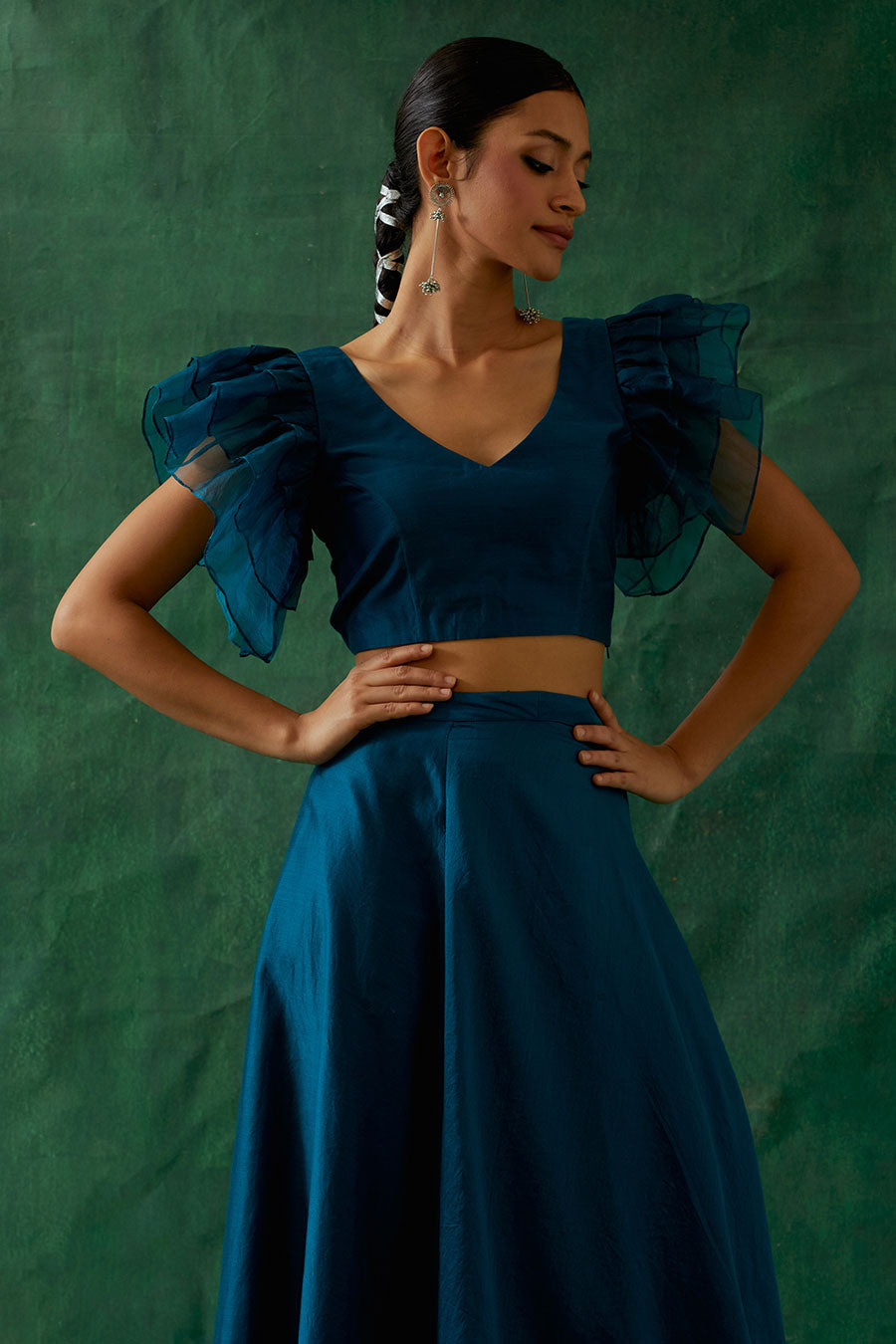 Teal Blue Chanderi Handloom Ruffle Top & Skirt Set (Set Of 2)
