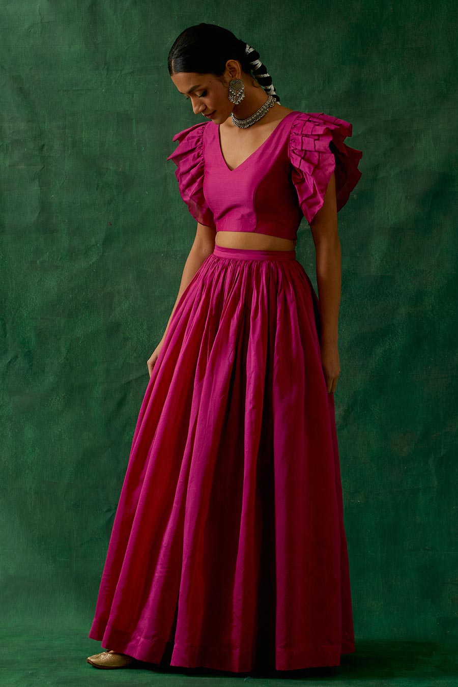 Hot Pink Chanderi Handloom Ruffle Top & Skirt Set (Set Of 2)