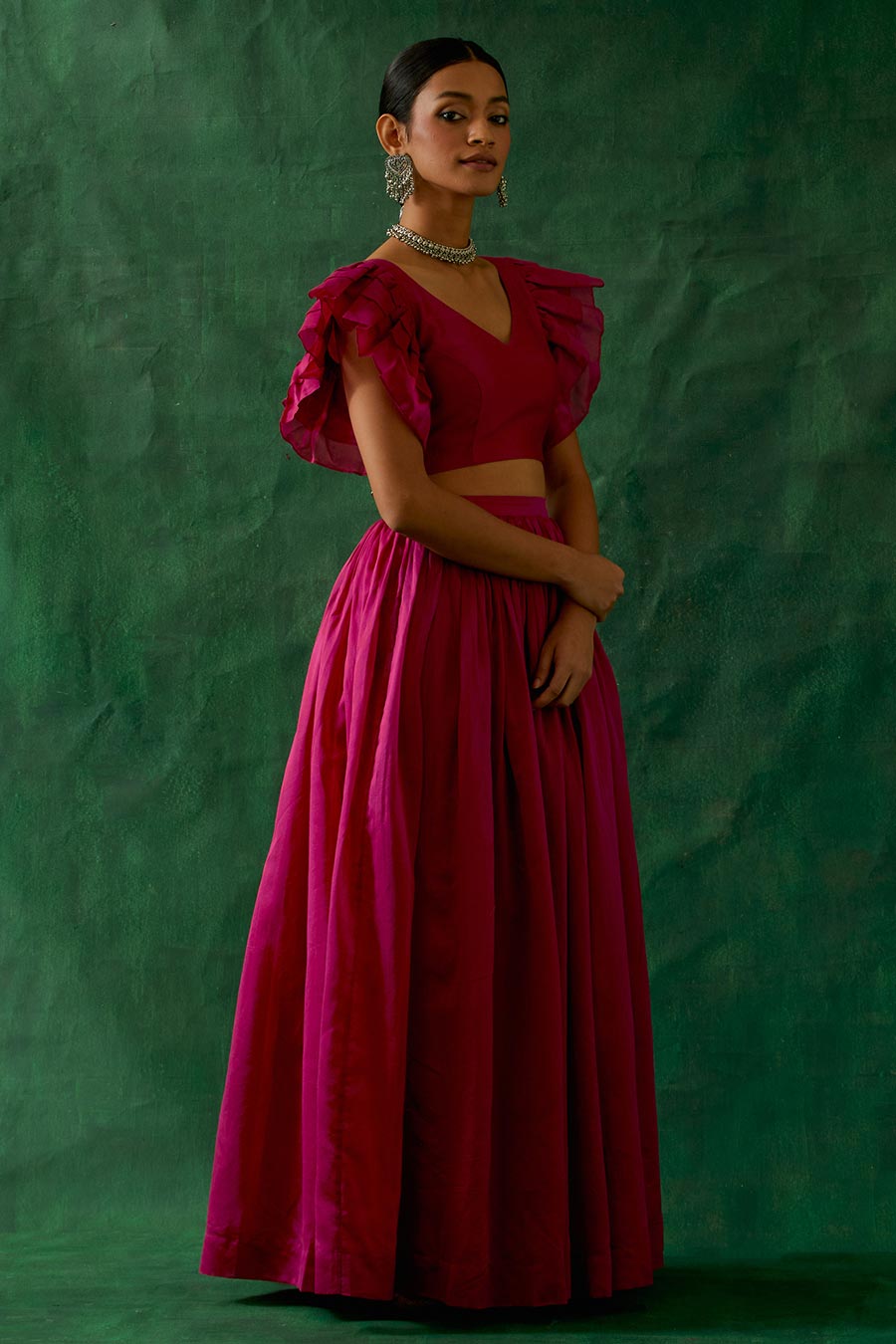 Hot Pink Chanderi Handloom Ruffle Top & Skirt Set (Set Of 2)
