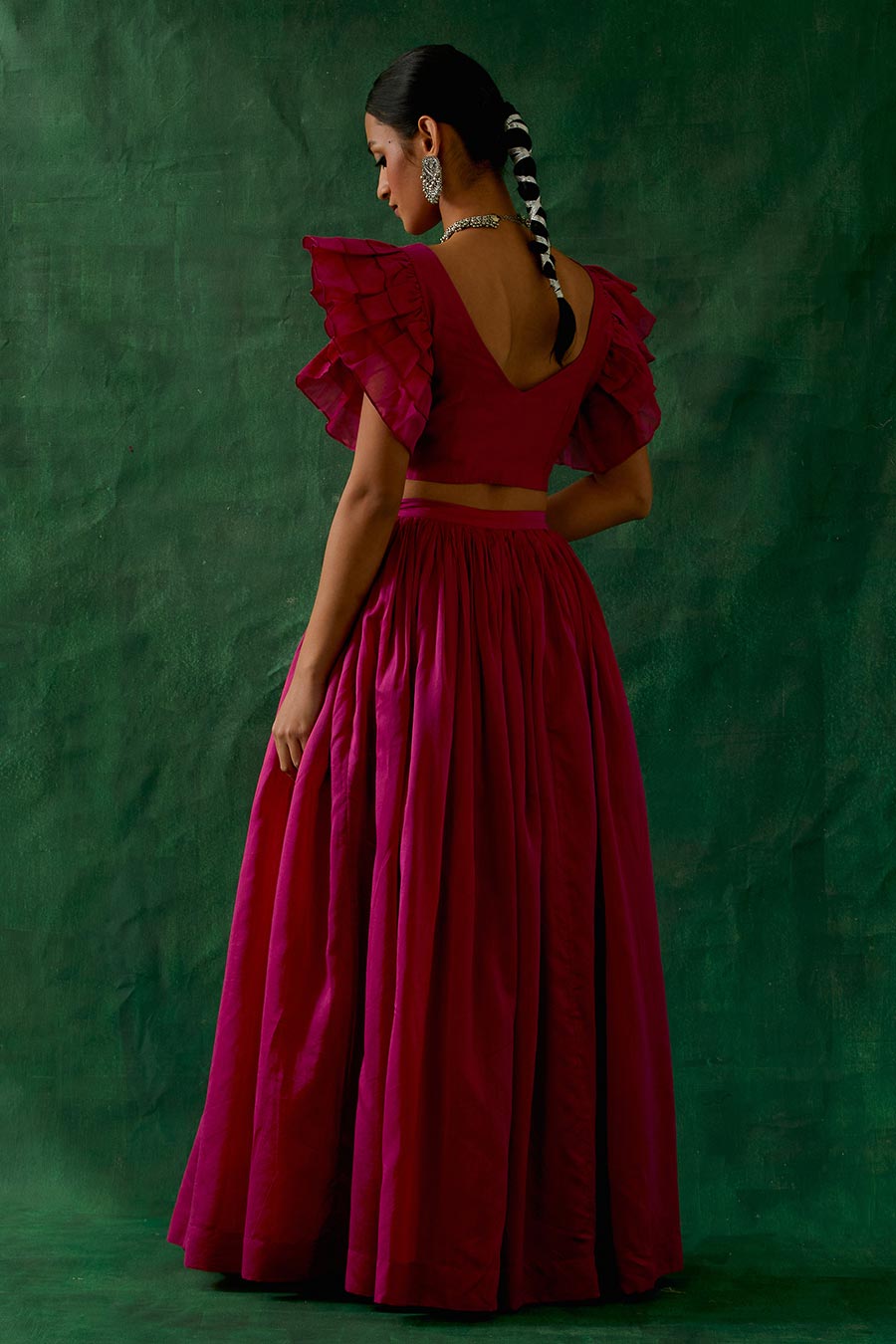 Hot Pink Chanderi Handloom Ruffle Top & Skirt Set (Set Of 2)