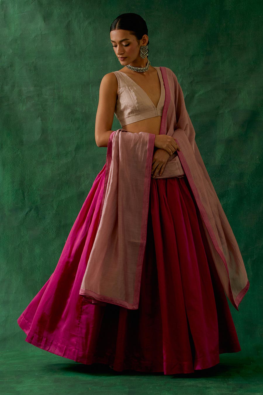 Pink Chanderi Handloom Lehenga Set (Set Of 3)