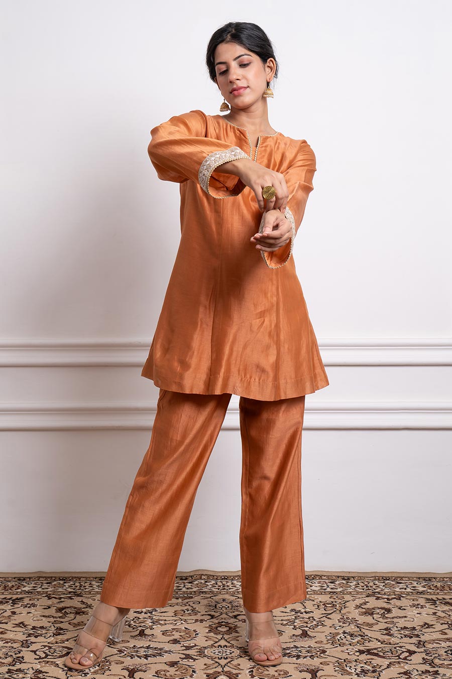 Saffron Brown Short Kurta & Pant Set (Set Of 2)