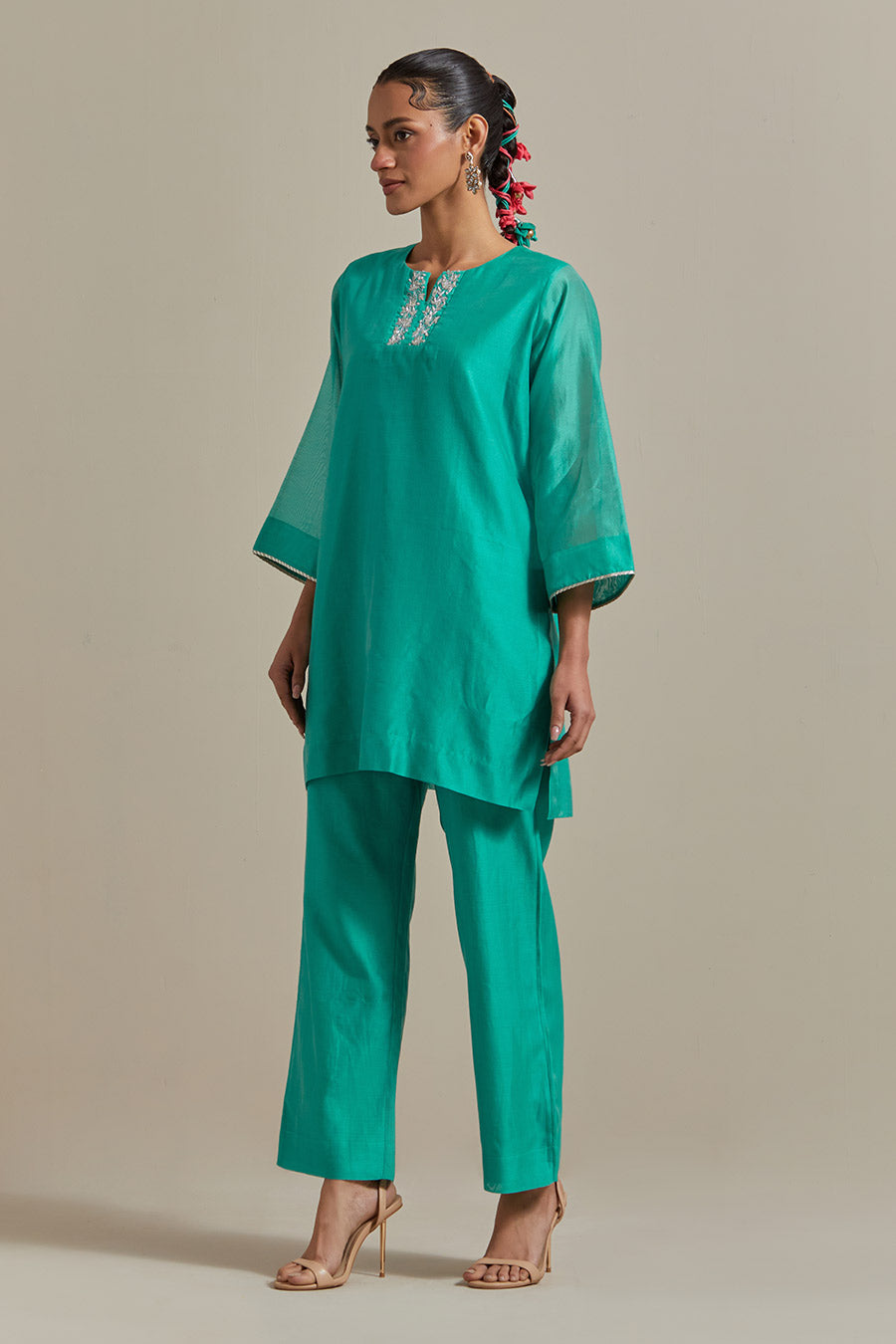 Aqua Green Embroidered Kurta & Pant Set (Set Of 2)