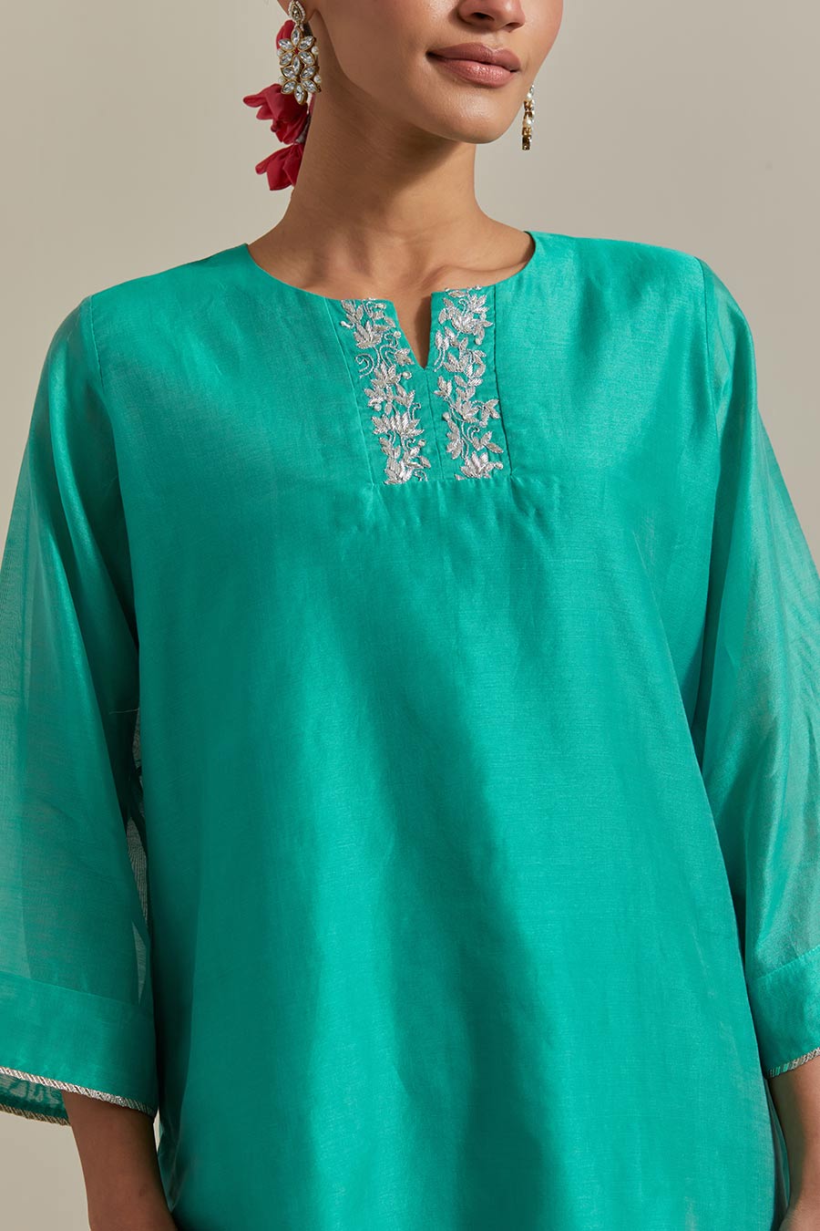 Aqua Green Embroidered Kurta & Pant Set (Set Of 2)