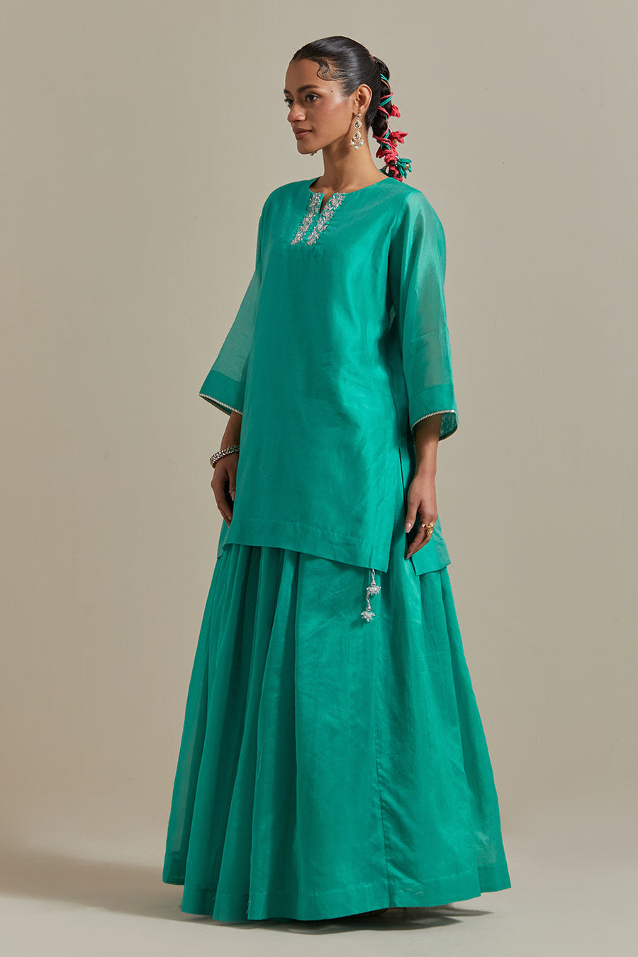 Aqua Green Embroidered Short Kurta & Lehenga Set (Set Of 2)