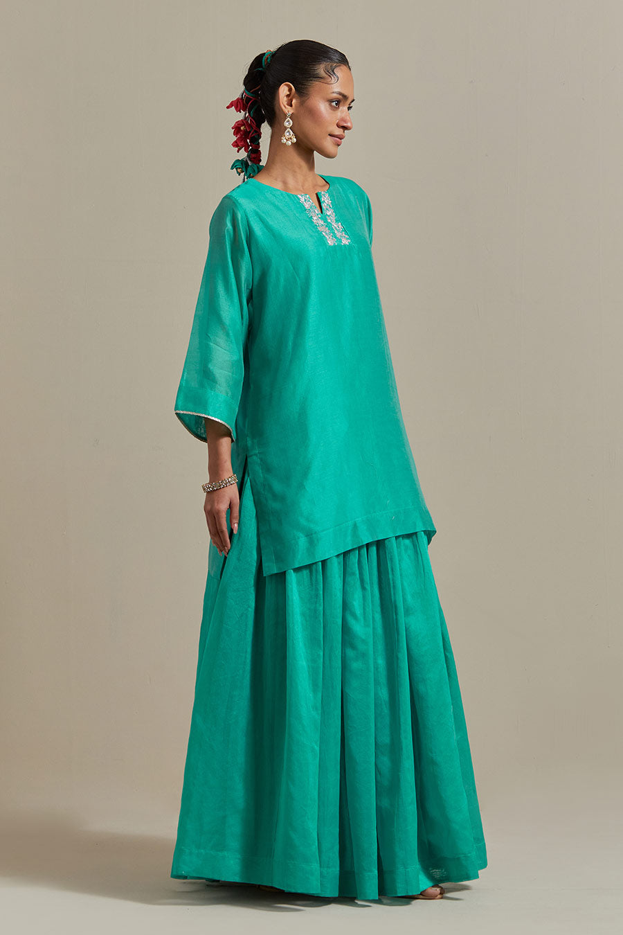 Aqua Green Embroidered Short Kurta & Lehenga Set (Set Of 2)