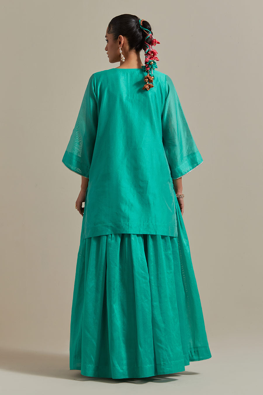 Aqua Green Embroidered Short Kurta & Lehenga Set (Set Of 2)