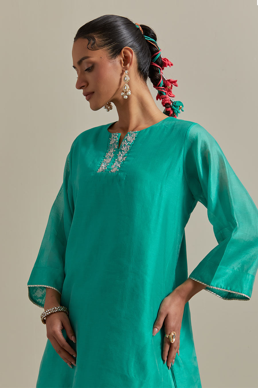 Aqua Green Embroidered Short Kurta & Lehenga Set (Set Of 2)