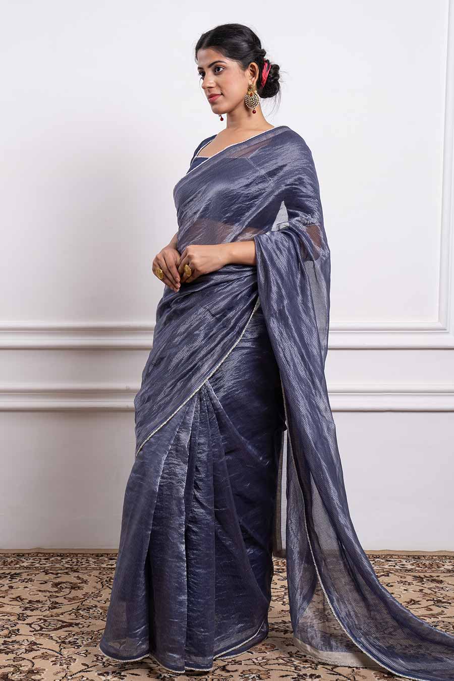 Blue Chanderi Striped Saree Set (Set Of 2)