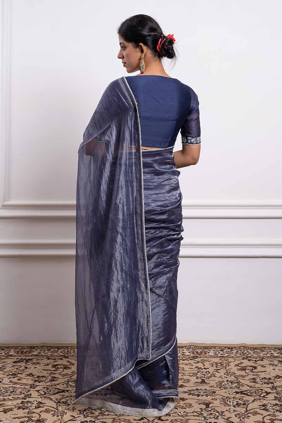 Blue Chanderi Striped Saree Set (Set Of 2)