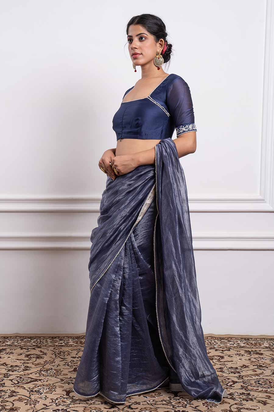 Blue Chanderi Striped Saree Set (Set Of 2)