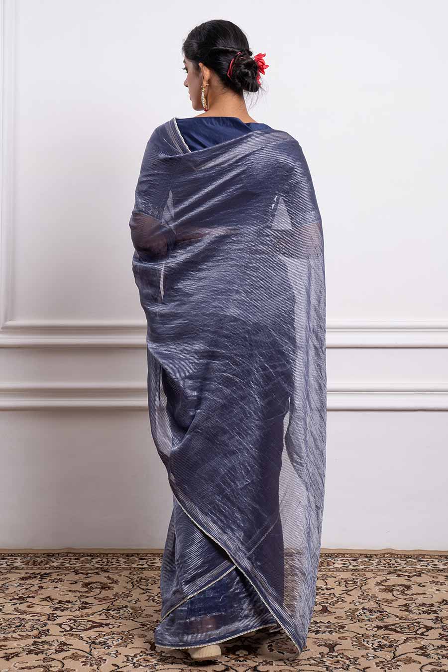 Blue Chanderi Striped Saree Set (Set Of 2)