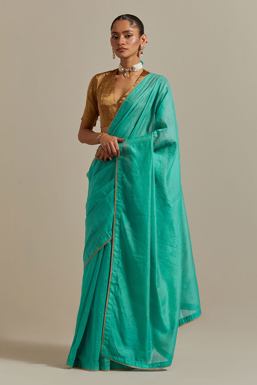 Aqua Green Striped Chanderi Saree Set (Set Of 2)
