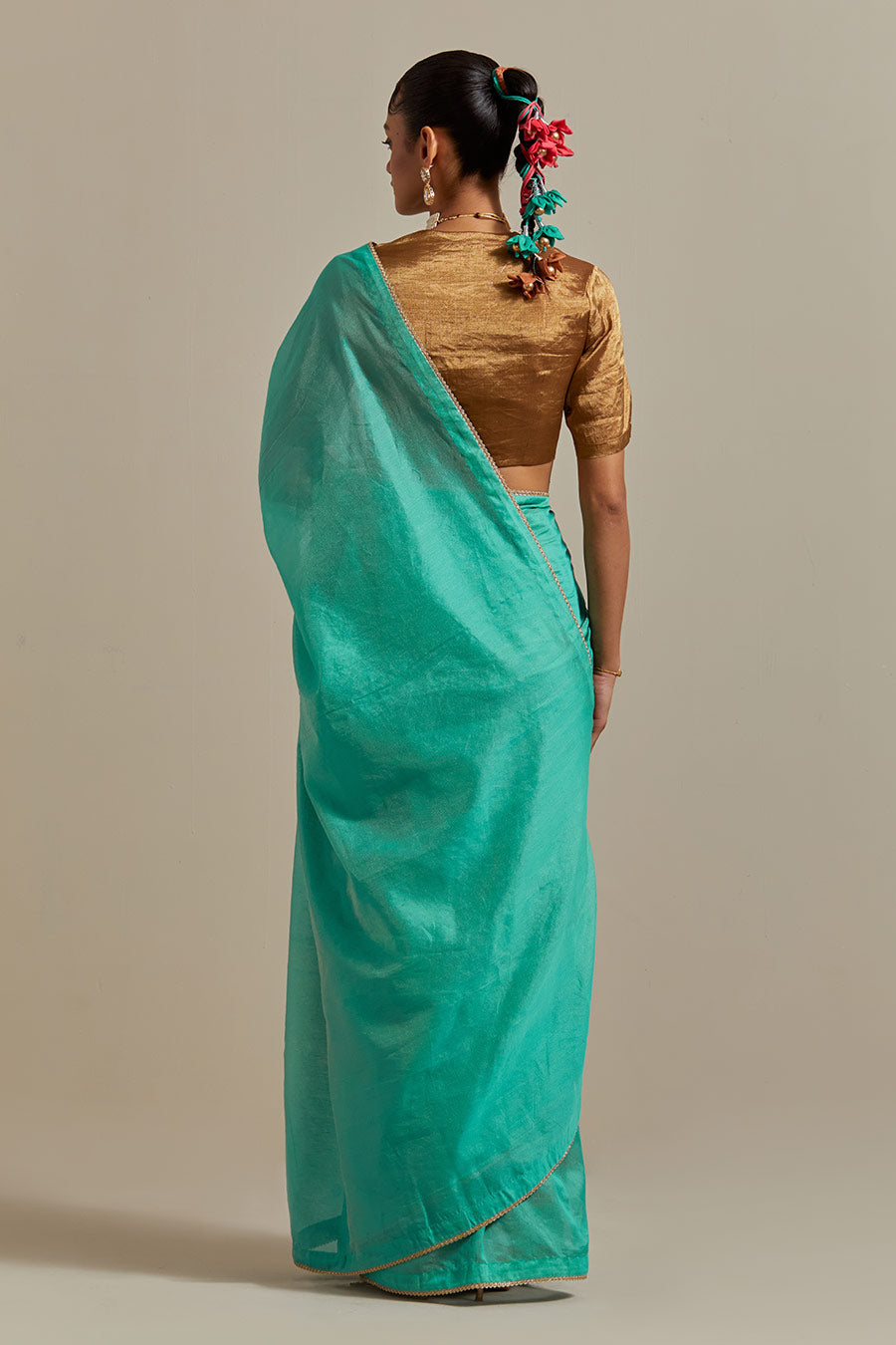 Aqua Green Striped Chanderi Saree Set (Set Of 2)