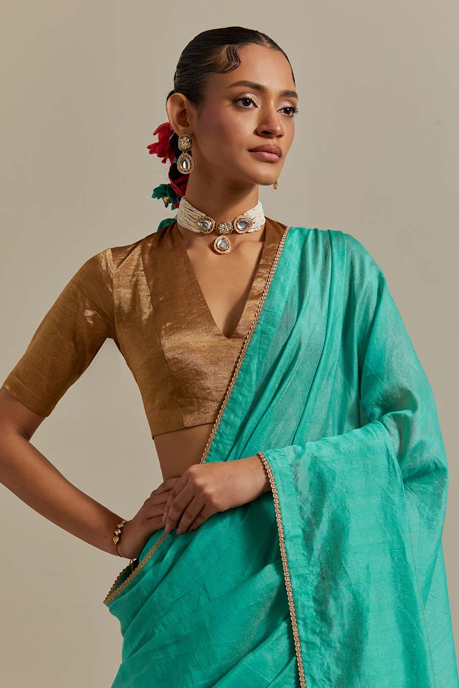 Aqua Green Striped Chanderi Saree Set (Set Of 2)