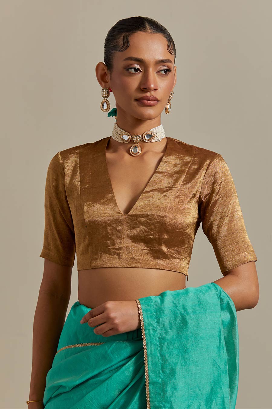 Aqua Green Striped Chanderi Saree Set (Set Of 2)