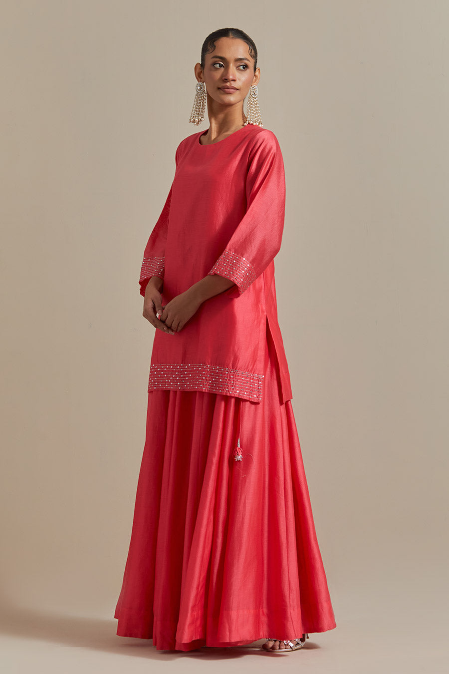 Pink Embroidered Short Kurta & Lehenga Set (Set Of 2)