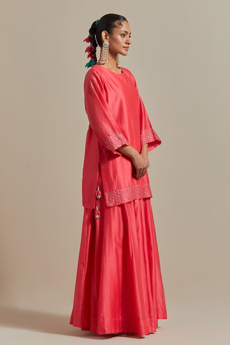 Pink Embroidered Short Kurta & Lehenga Set (Set Of 2)