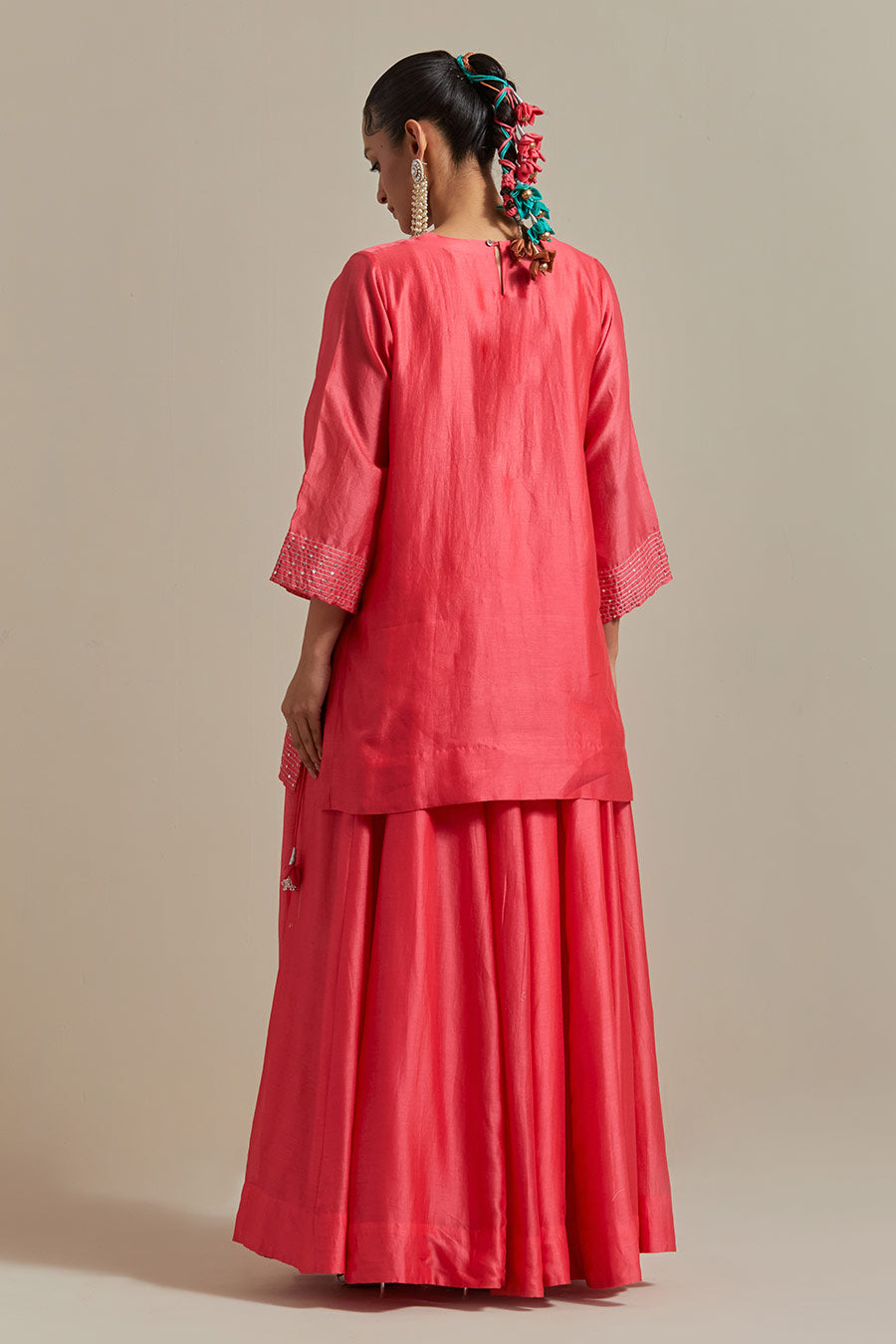 Pink Embroidered Short Kurta & Lehenga Set (Set Of 2)