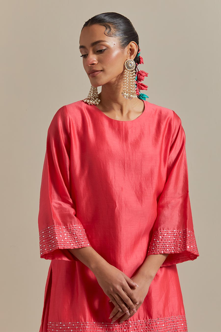Pink Embroidered Short Kurta & Lehenga Set (Set Of 2)