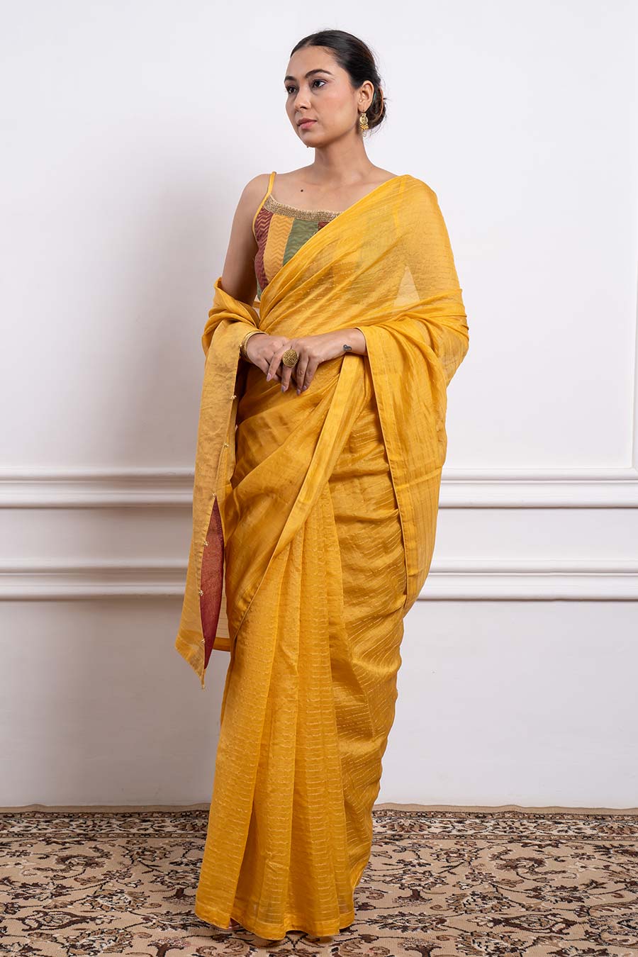 Mustard Striped Saree & Multicolour Blouse Set (Set Of 2)