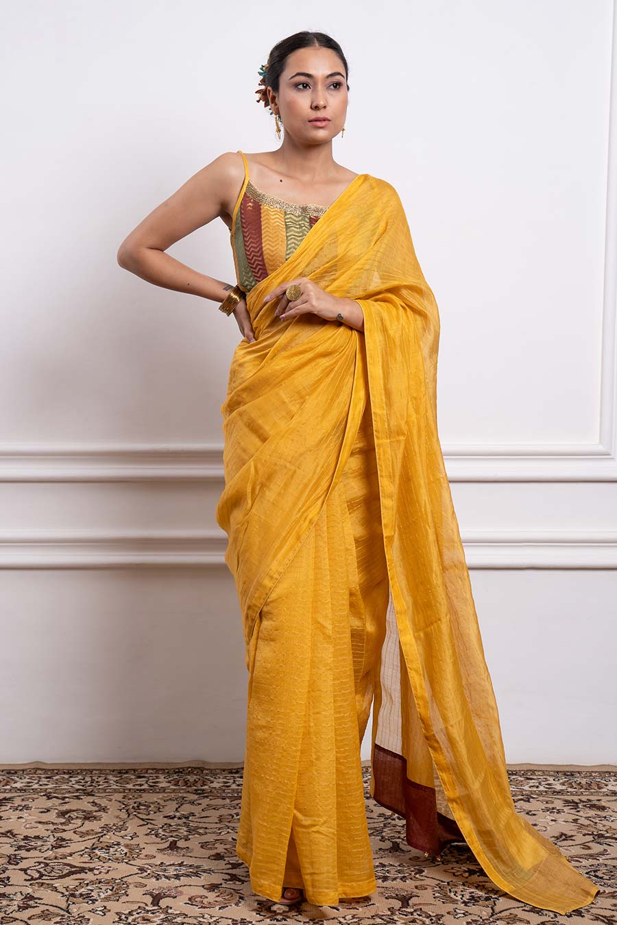 Mustard Striped Saree & Multicolour Blouse Set (Set Of 2)