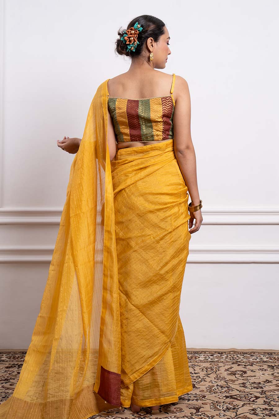 Mustard Striped Saree & Multicolour Blouse Set (Set Of 2)