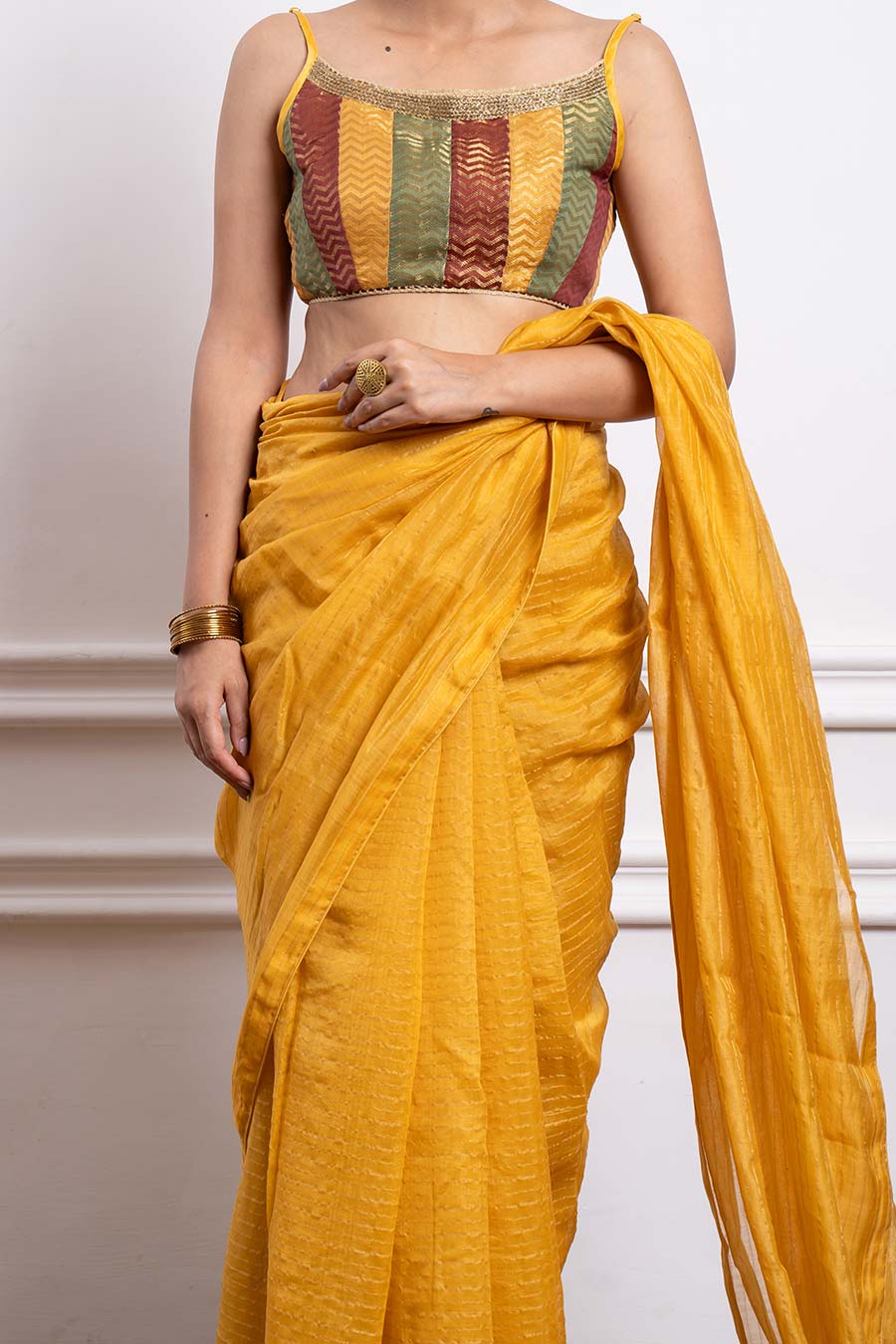 Mustard Striped Saree & Multicolour Blouse Set (Set Of 2)