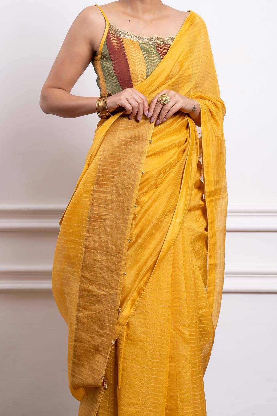 Mustard Striped Saree & Multicolour Blouse Set (Set Of 2)