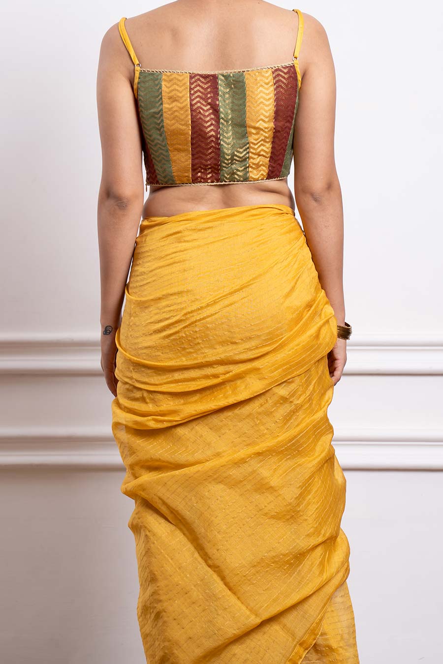 Mustard Striped Saree & Multicolour Blouse Set (Set Of 2)