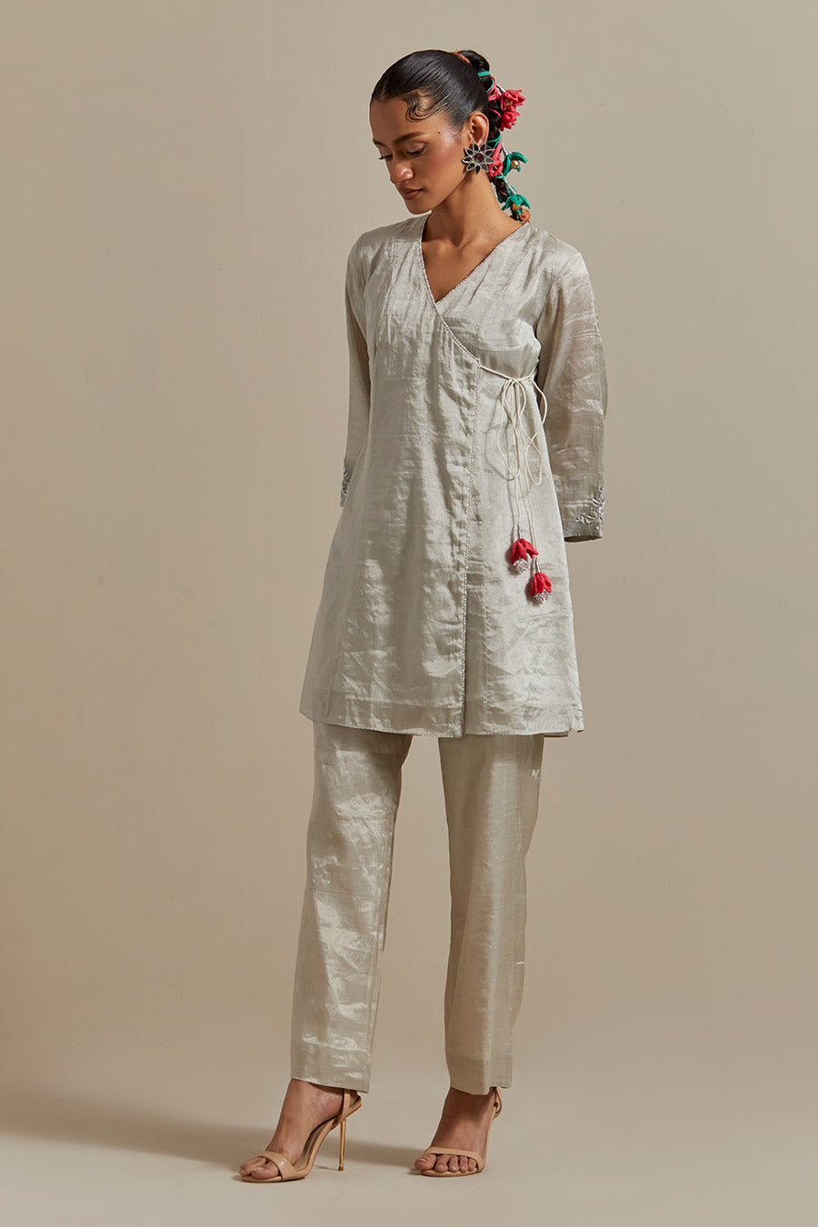 Silver Embroidered Zari Silk Wrap Kurta & Pant Set (Set Of 2)