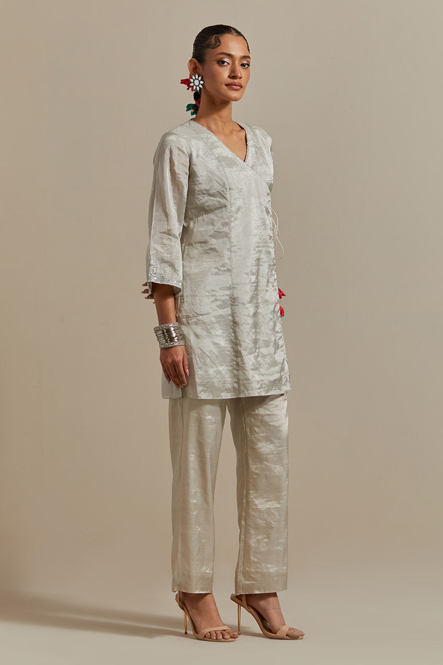 Silver Embroidered Zari Silk Wrap Kurta & Pant Set (Set Of 2)